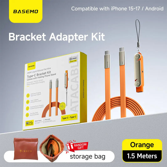 240W Fast Charging USB-C Cable with 360° Rotating Stand, Detachable 2-in-1 Type-C Charger for iPhone, Samsung, Tablets, Zinc Alloy Braided Cord for Gaming, Office, Car